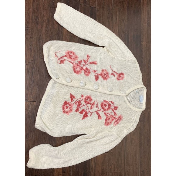 VTG 50s Carol Brent Cardigan Sweater Hand Painted Floral Granny Cottage Core L - Picture 6 of 16